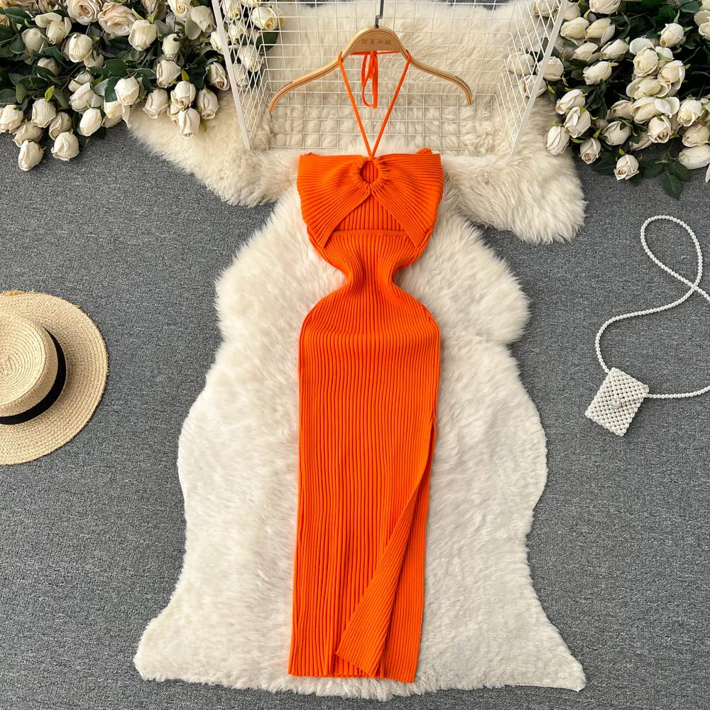 Openwork Backless Knitted Halter Dress