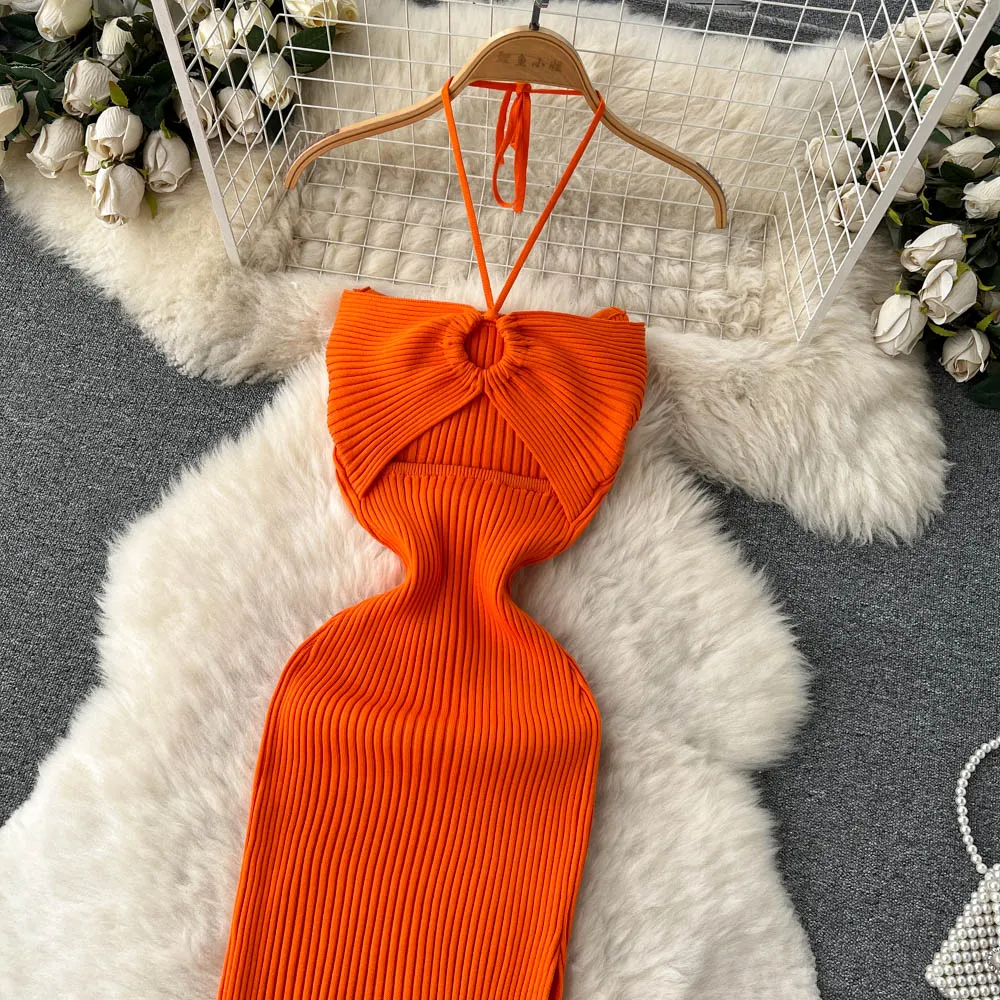 Openwork Backless Knitted Halter Dress