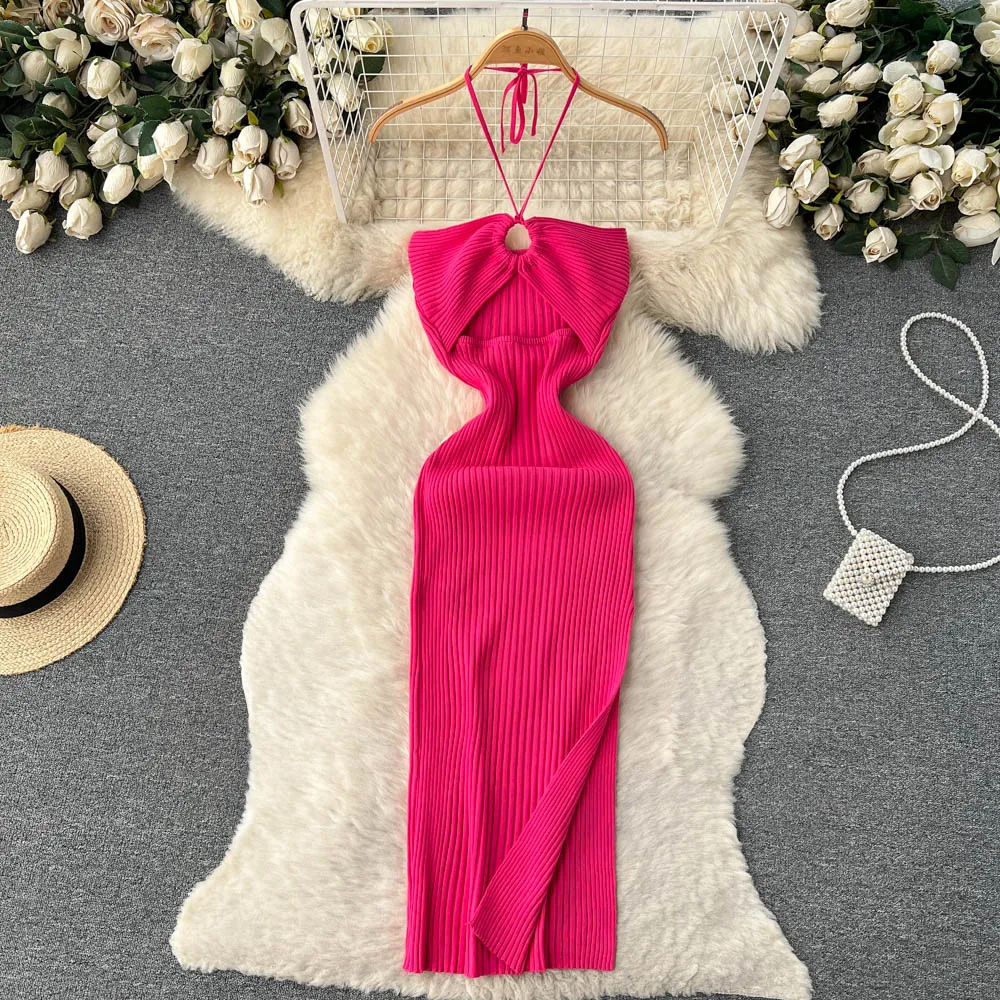 Openwork Backless Knitted Halter Dress