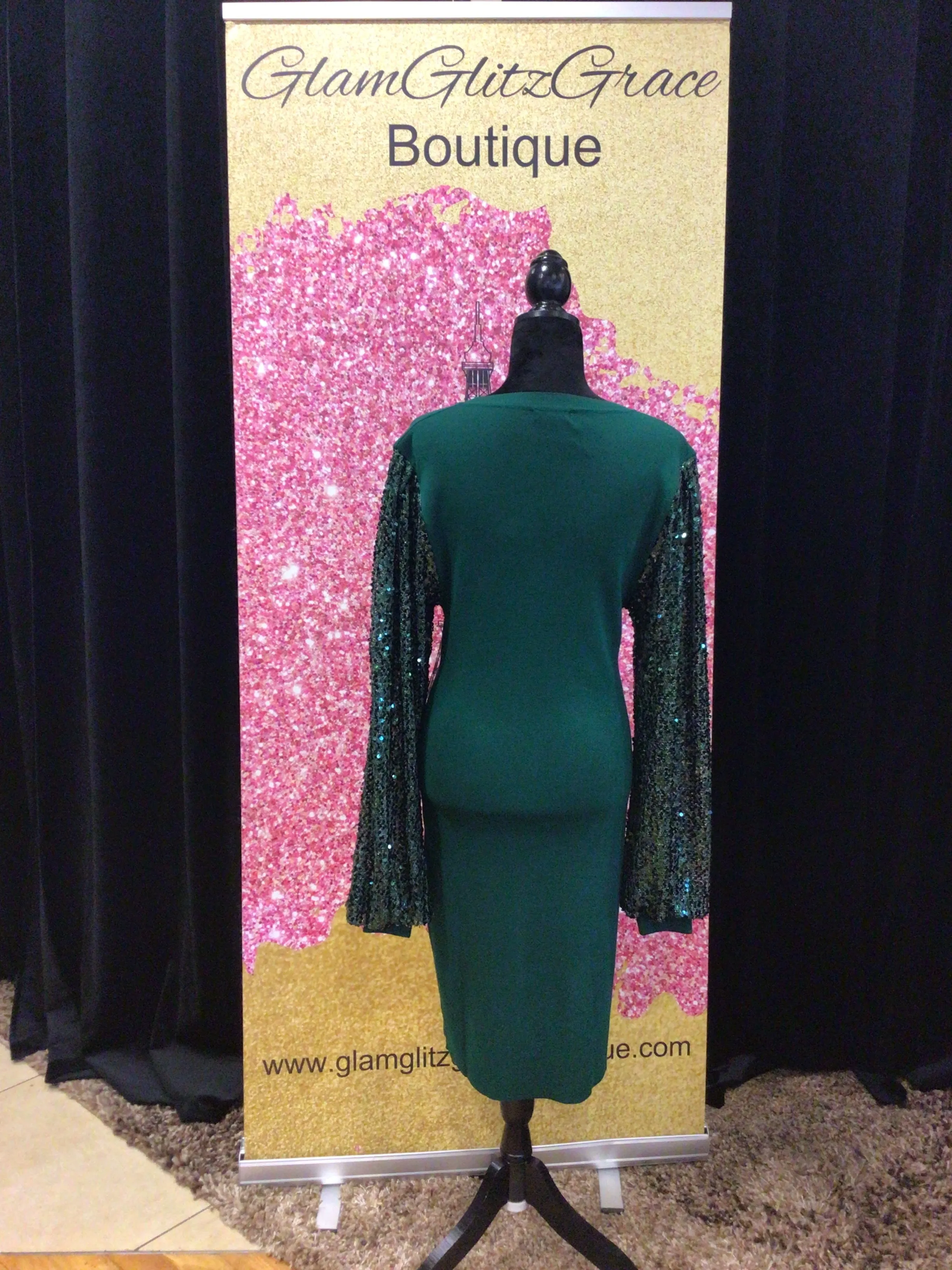 Plus Size Emerald Fitted Sweater Dress With Sequin Long Sleeves