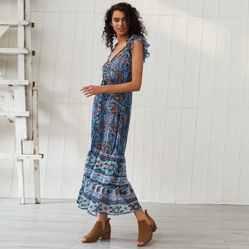 Printed Backless Maxi Boho Dress