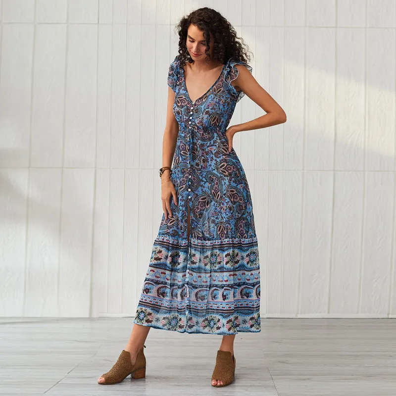 Printed Backless Maxi Boho Dress