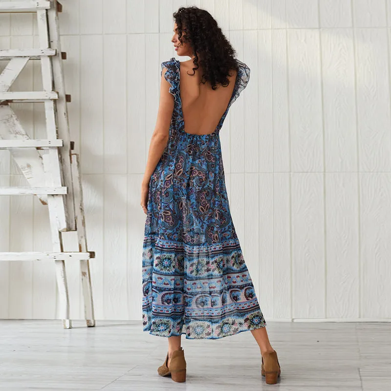 Printed Backless Maxi Boho Dress
