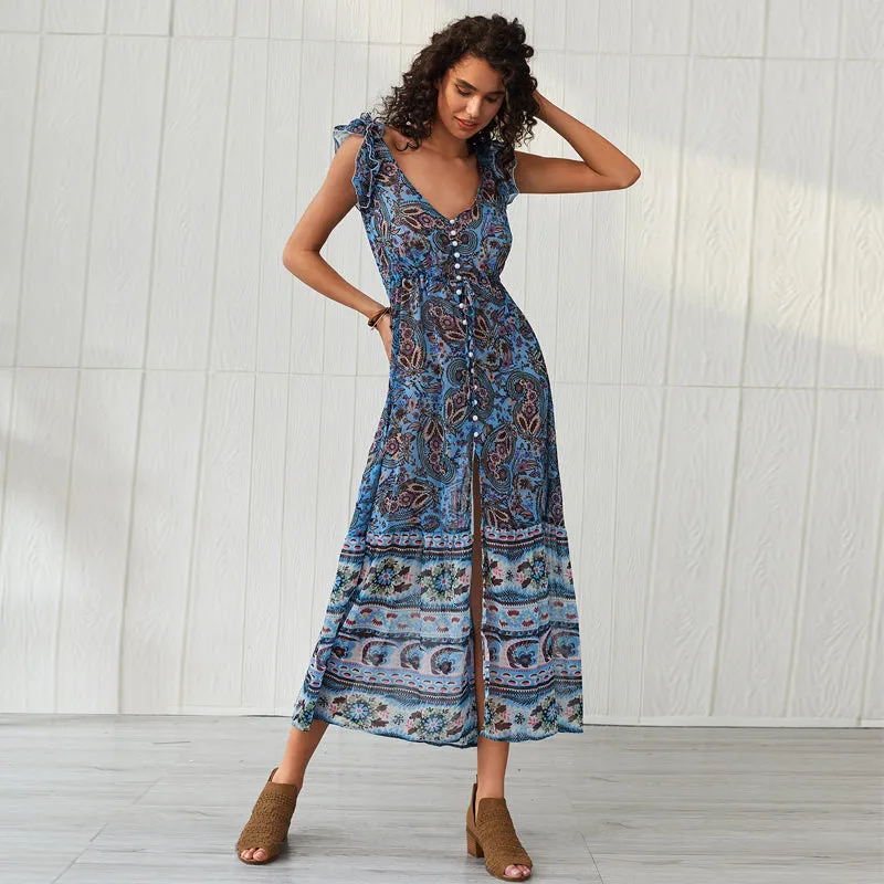 Printed Backless Maxi Boho Dress