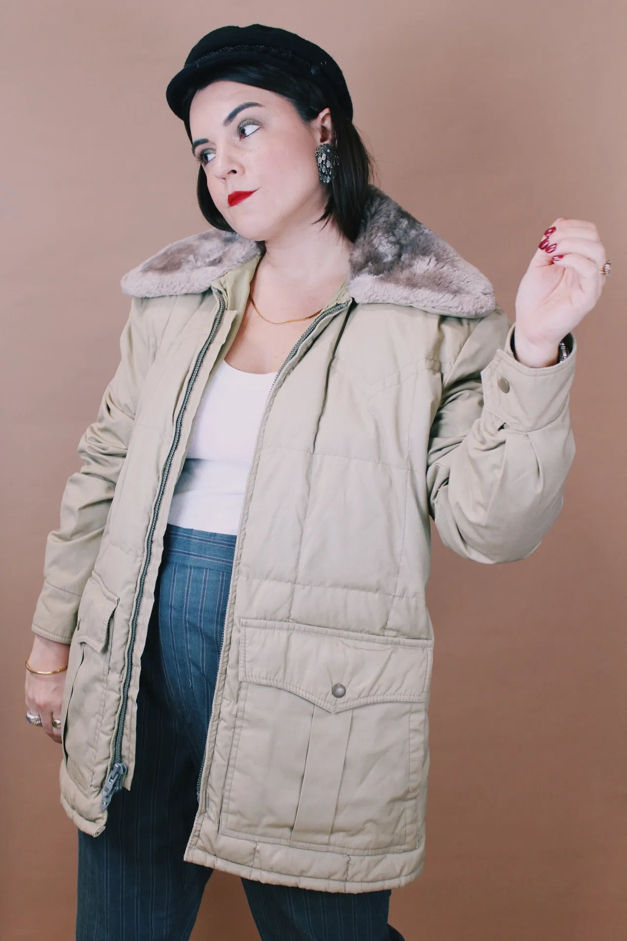Puffy Jacket with Faux Fur Trim