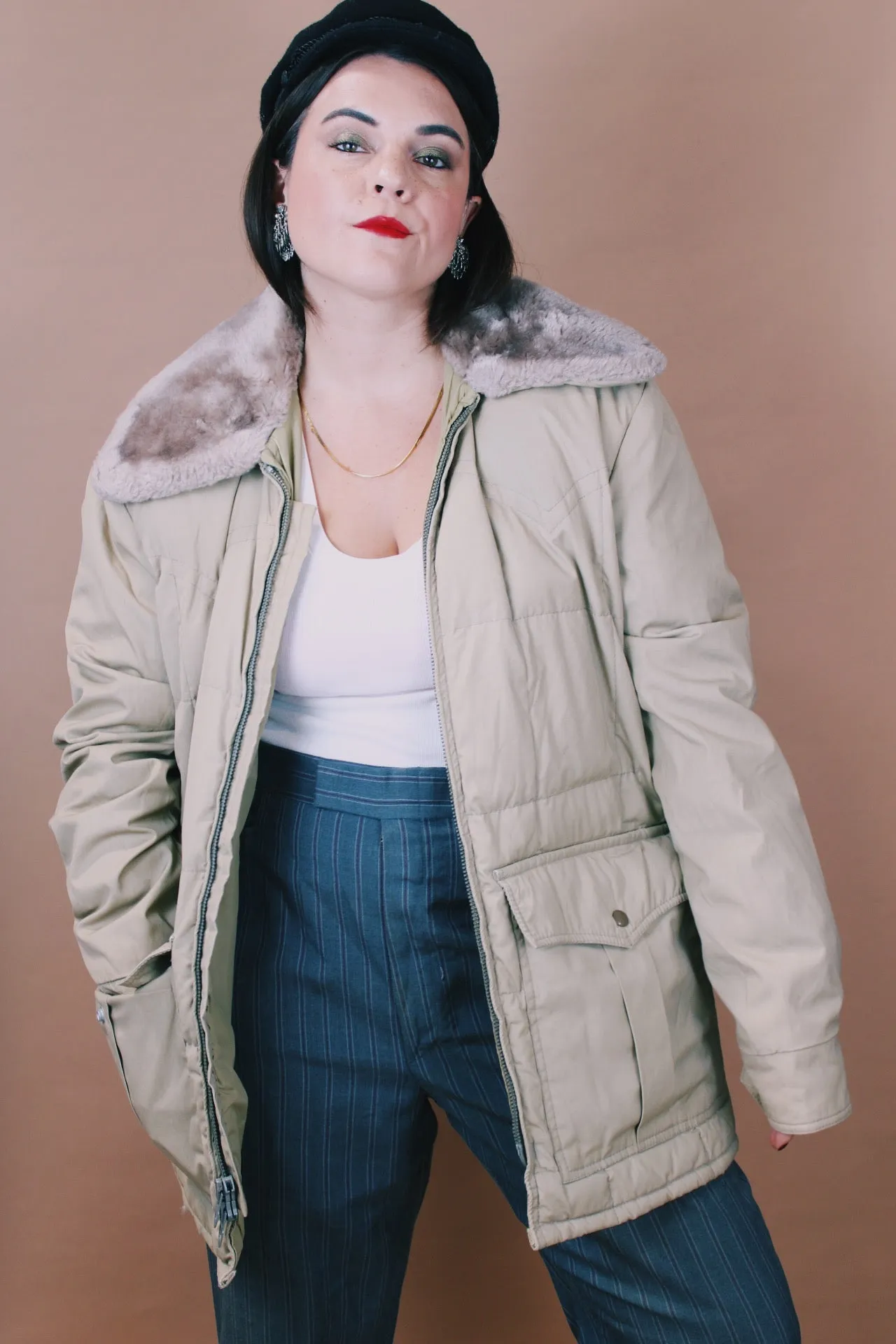 Puffy Jacket with Faux Fur Trim