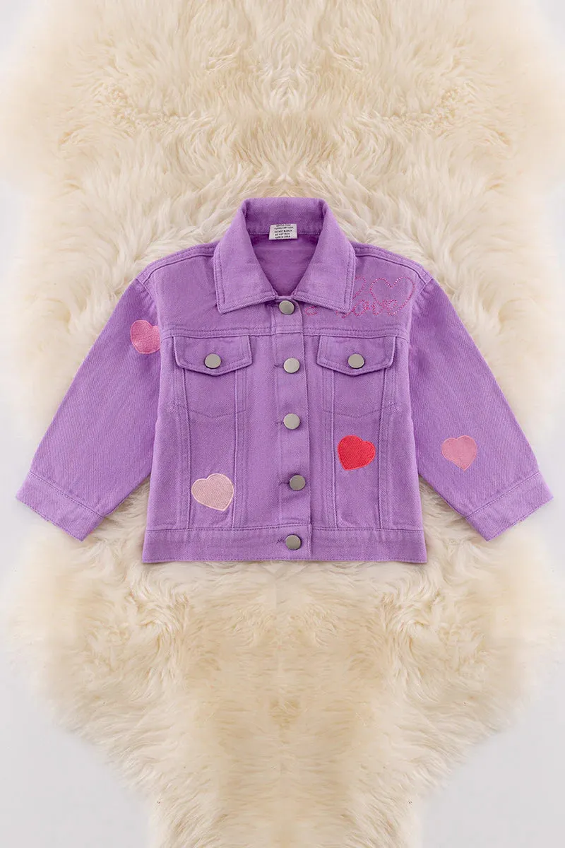 PURPLE EMBROIDERED HEART DENIM JACKET WITH SHIMMERY STONES.