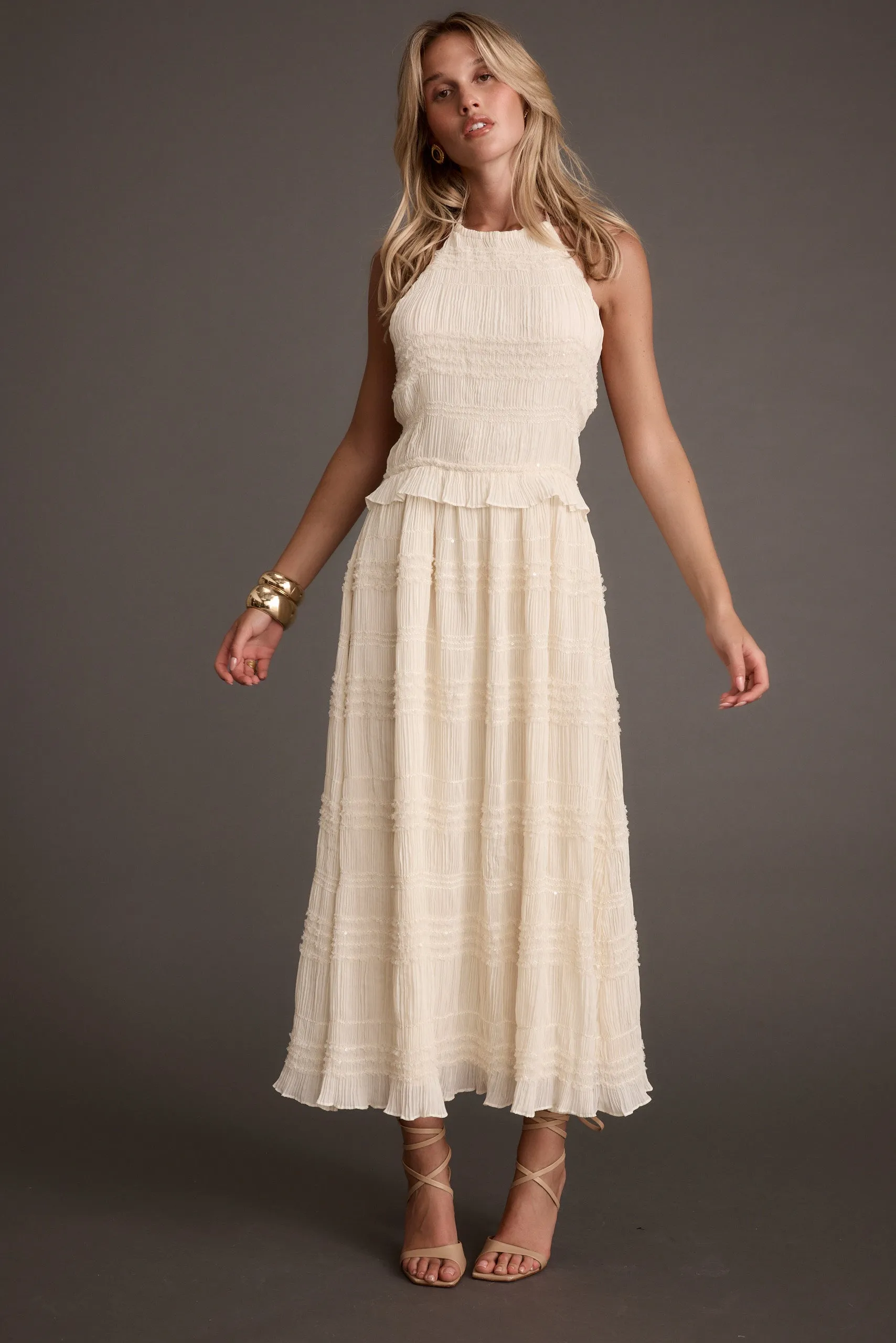 Quinn Ivory High Neck Shimmer Chiffon Maxi Dress
