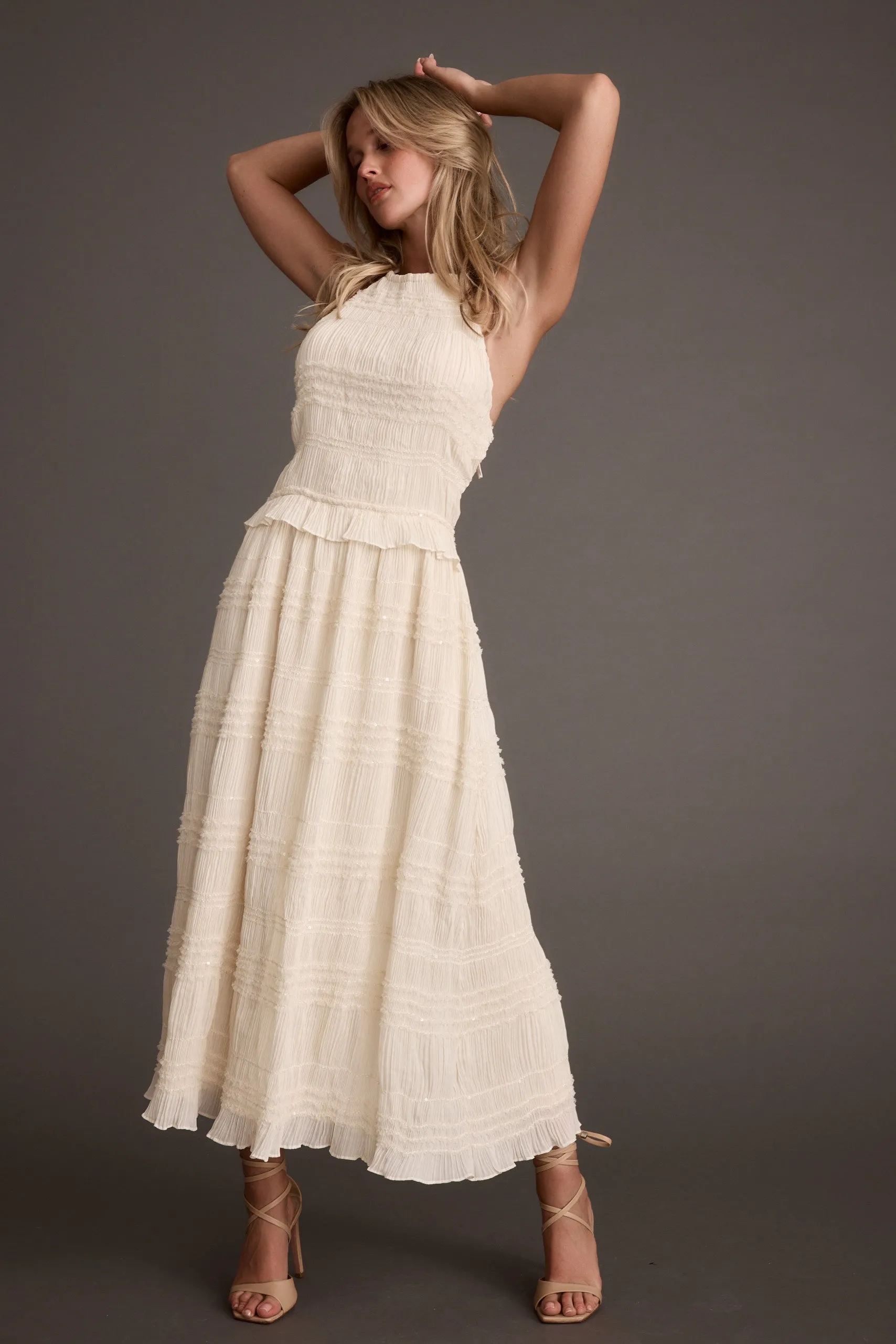 Quinn Ivory High Neck Shimmer Chiffon Maxi Dress