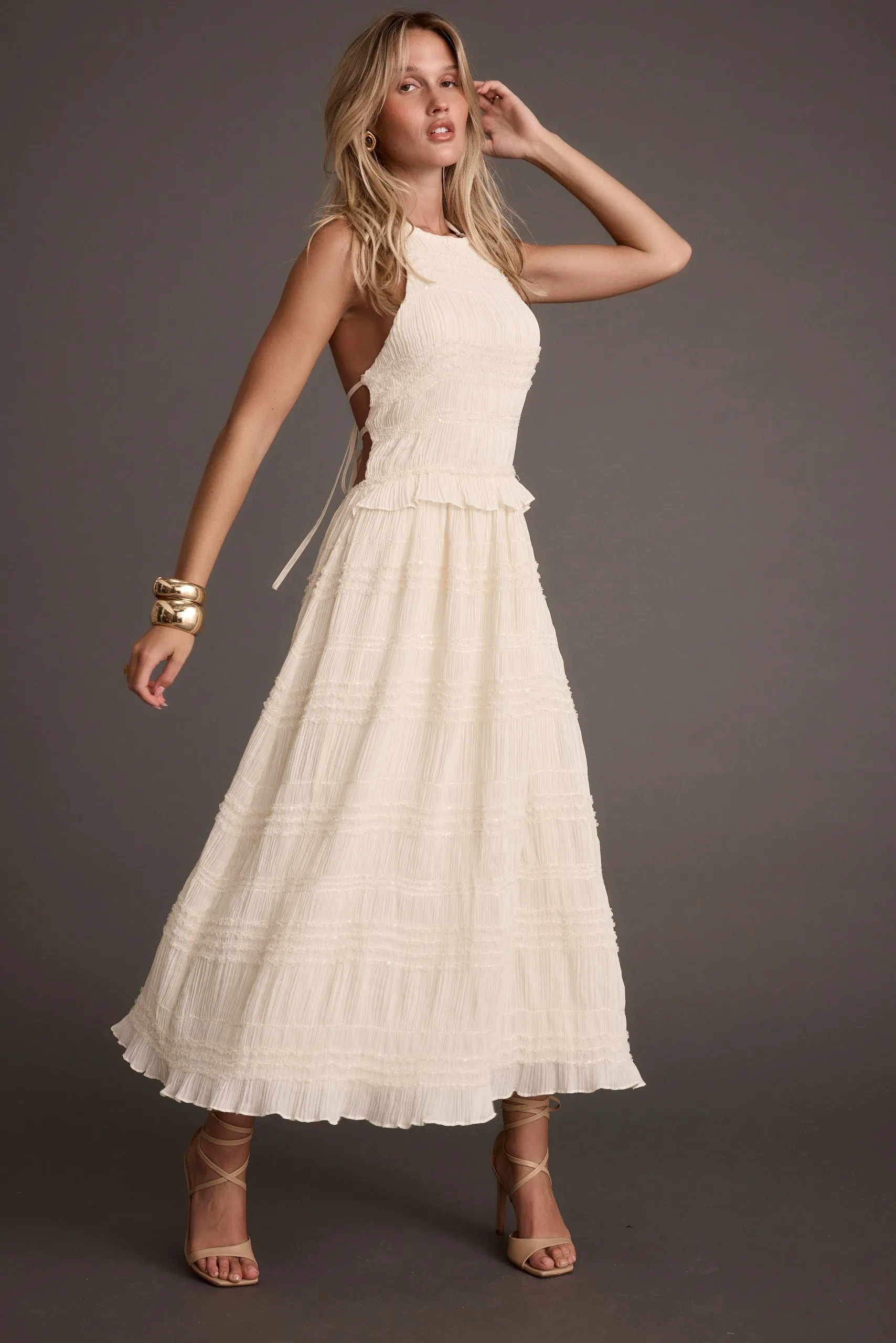 Quinn Ivory High Neck Shimmer Chiffon Maxi Dress