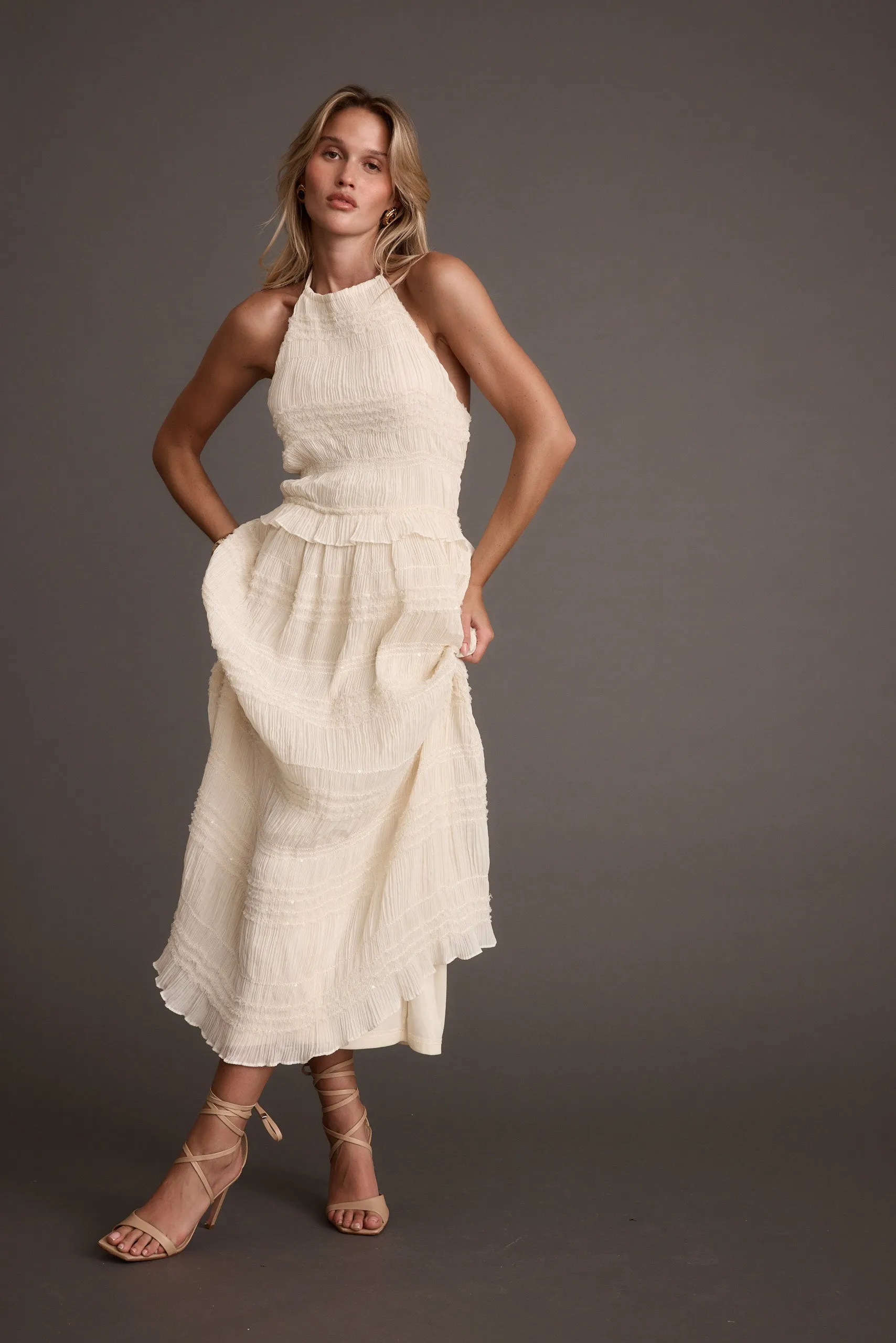 Quinn Ivory High Neck Shimmer Chiffon Maxi Dress