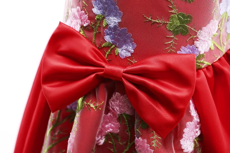 Red Embroidered Floral Dress, Size 2-10 Yrs