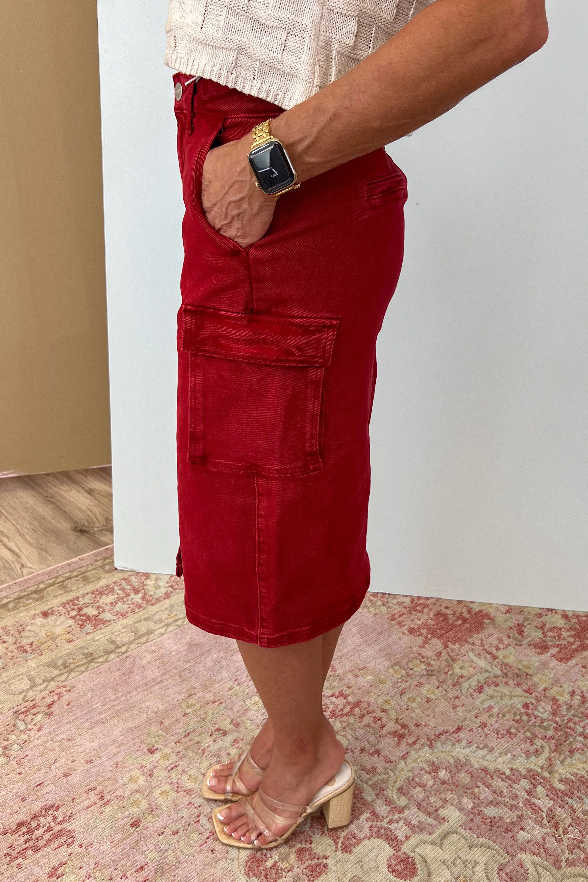 Risen Wine High Rise Midi Cargo Skirt