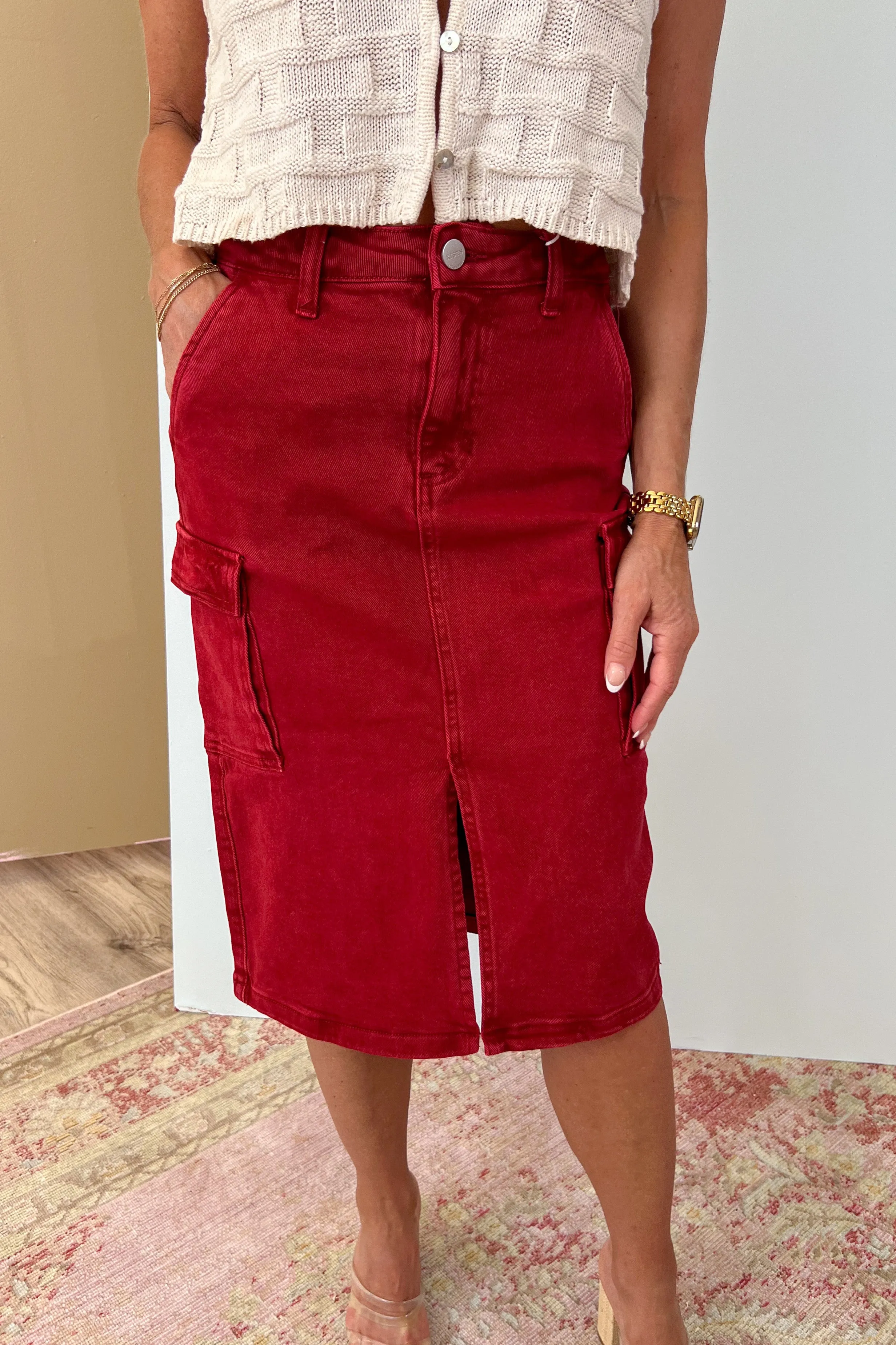 Risen Wine High Rise Midi Cargo Skirt