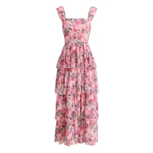 Romantic Square Neck Layered Ruffle Floral Print Midi Smocked Sundress