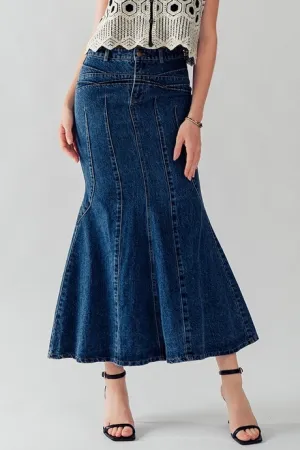 Ruffle Bottom Hem Denim Midi Skirt Urban Daizy