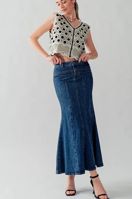 Ruffle Bottom Hem Denim Midi Skirt Urban Daizy