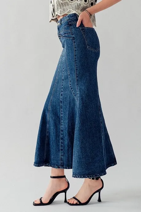 Ruffle Bottom Hem Denim Midi Skirt Urban Daizy