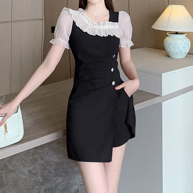 Ruffle Short Sleeve Waist Dress Shorts Set