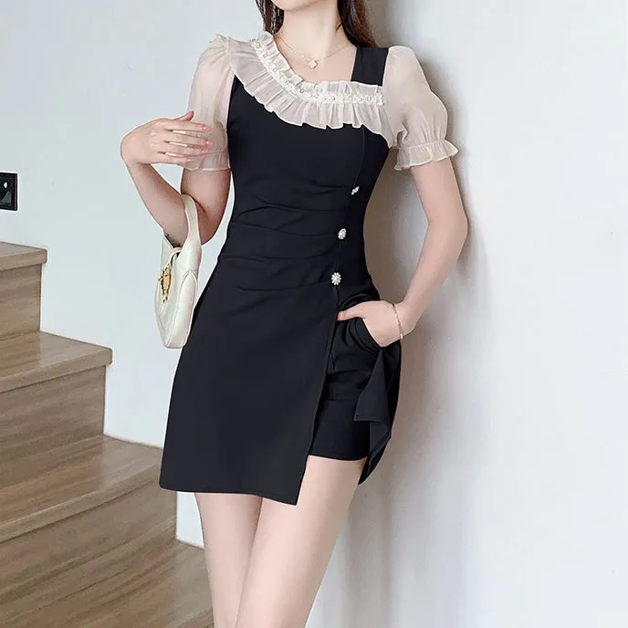 Ruffle Short Sleeve Waist Dress Shorts Set