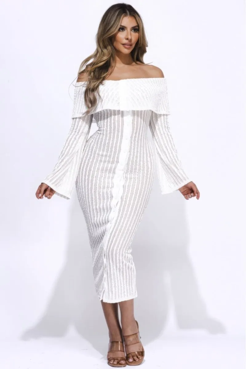 Ruffled Off The Shoulder White Midi Dress