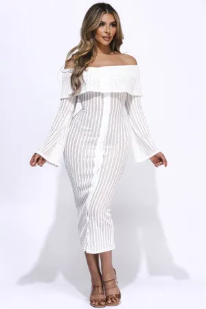 Ruffled Off The Shoulder White Midi Dress