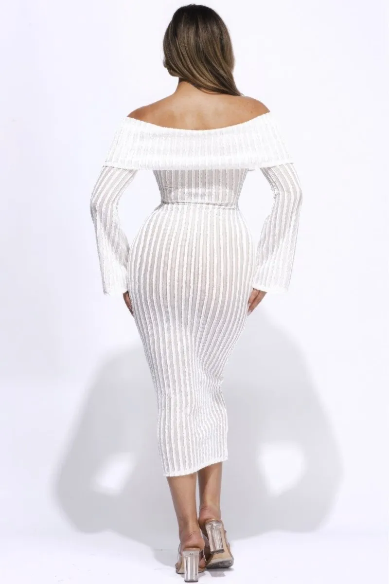 Ruffled Off The Shoulder White Midi Dress
