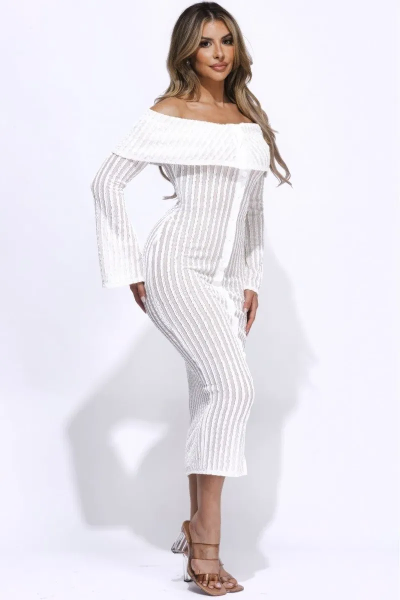 Ruffled Off The Shoulder White Midi Dress