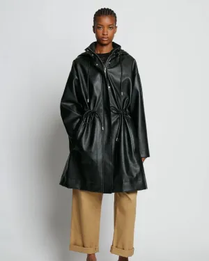 Sheepskin Leather Black Hooded Trench Duster Coat