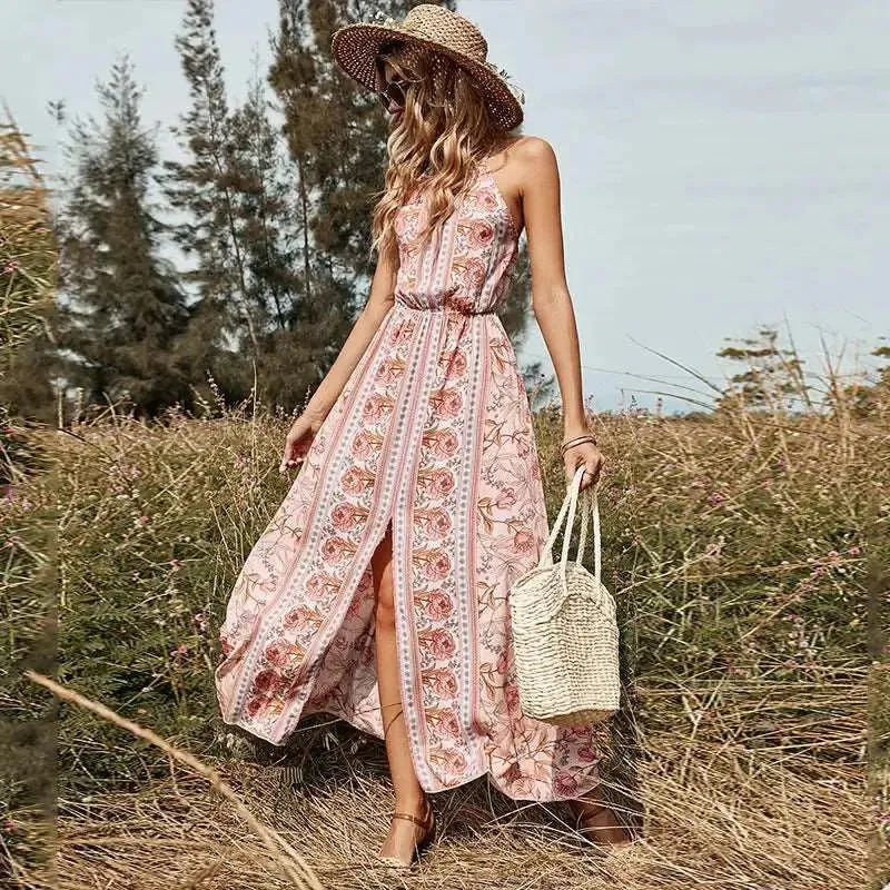 Sleeveless Split Backless Floral Dress