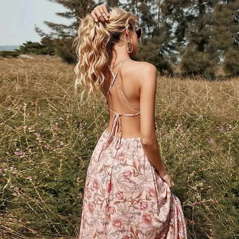 Sleeveless Split Backless Floral Dress