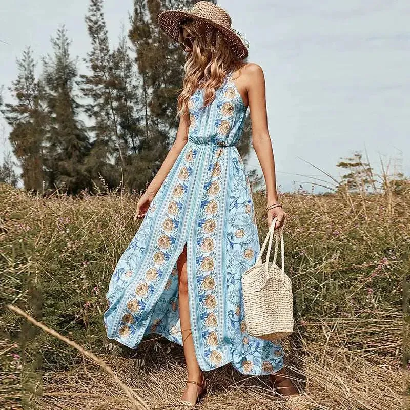 Sleeveless Split Backless Floral Dress