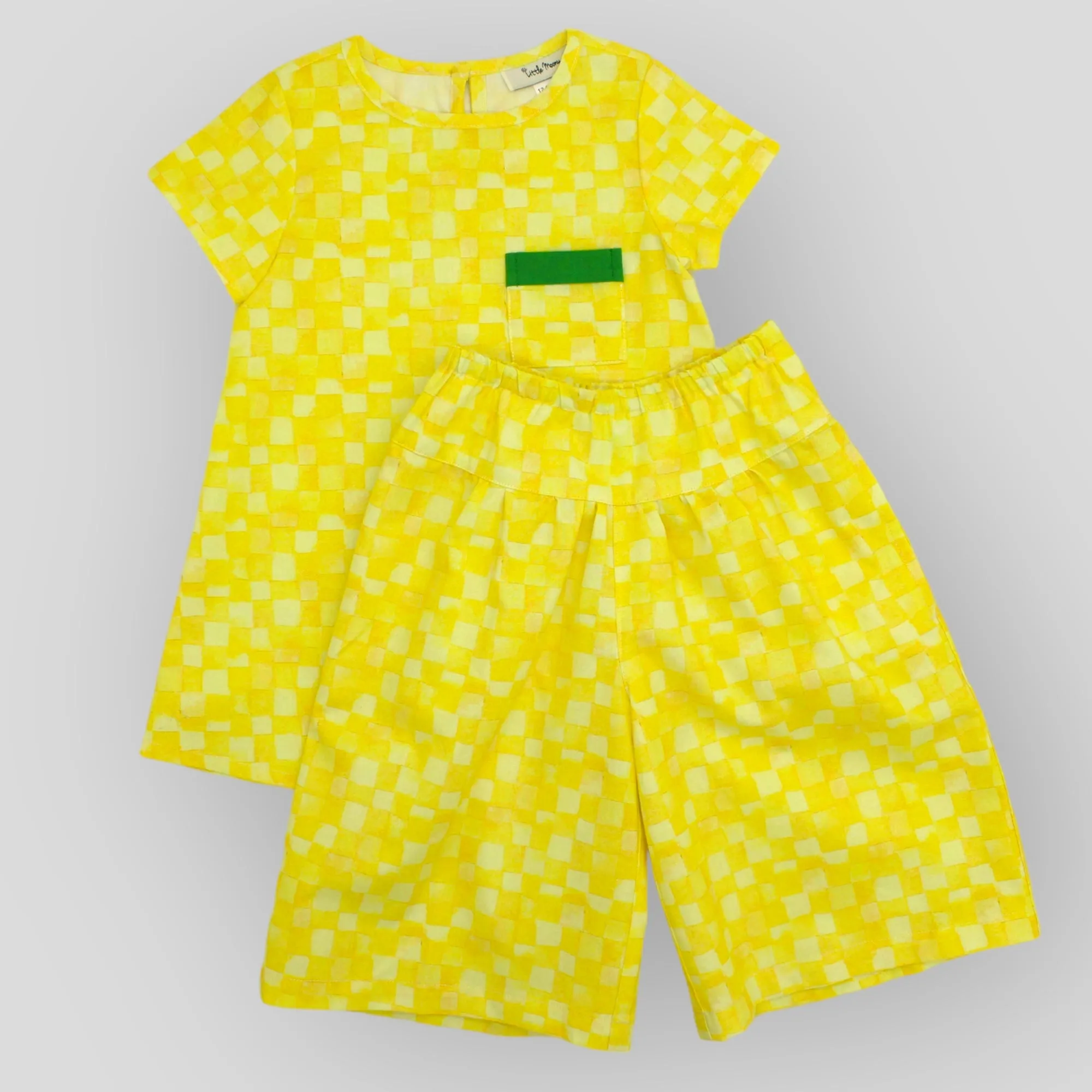 Soft Cotton Wide Leg Culotte Style Pants in Yellow Checkerboard Print OEKO-TEX CERTIFIED