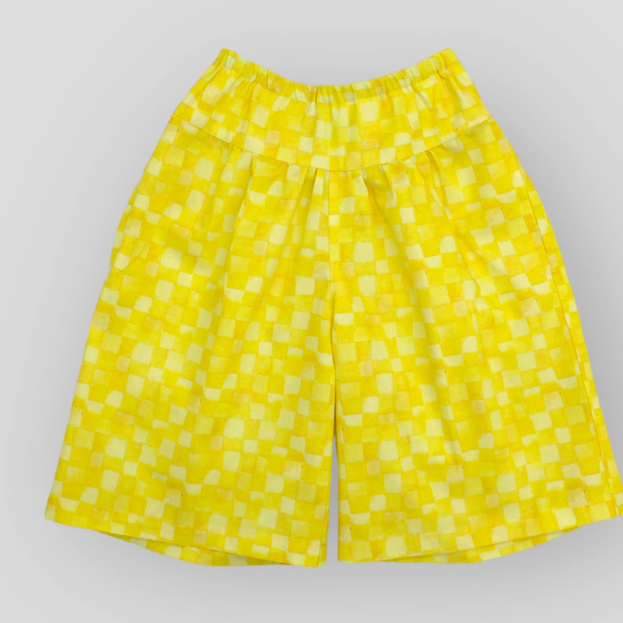 Soft Cotton Wide Leg Culotte Style Pants in Yellow Checkerboard Print OEKO-TEX CERTIFIED