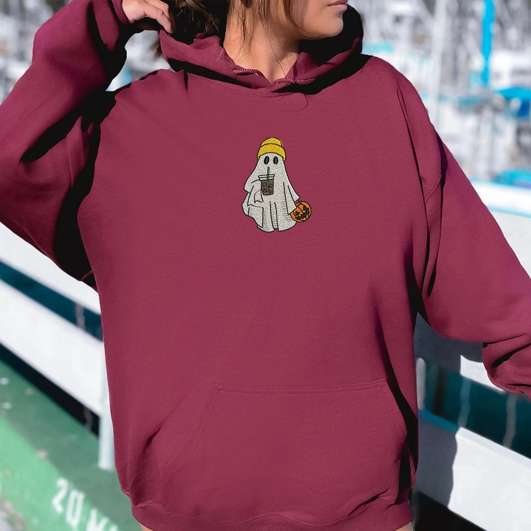 Spooky Sips: Embroidered Ghost Coffee Sweatshirt, ES0006