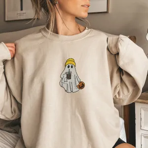 Spooky Sips: Embroidered Ghost Coffee Sweatshirt, ES0006