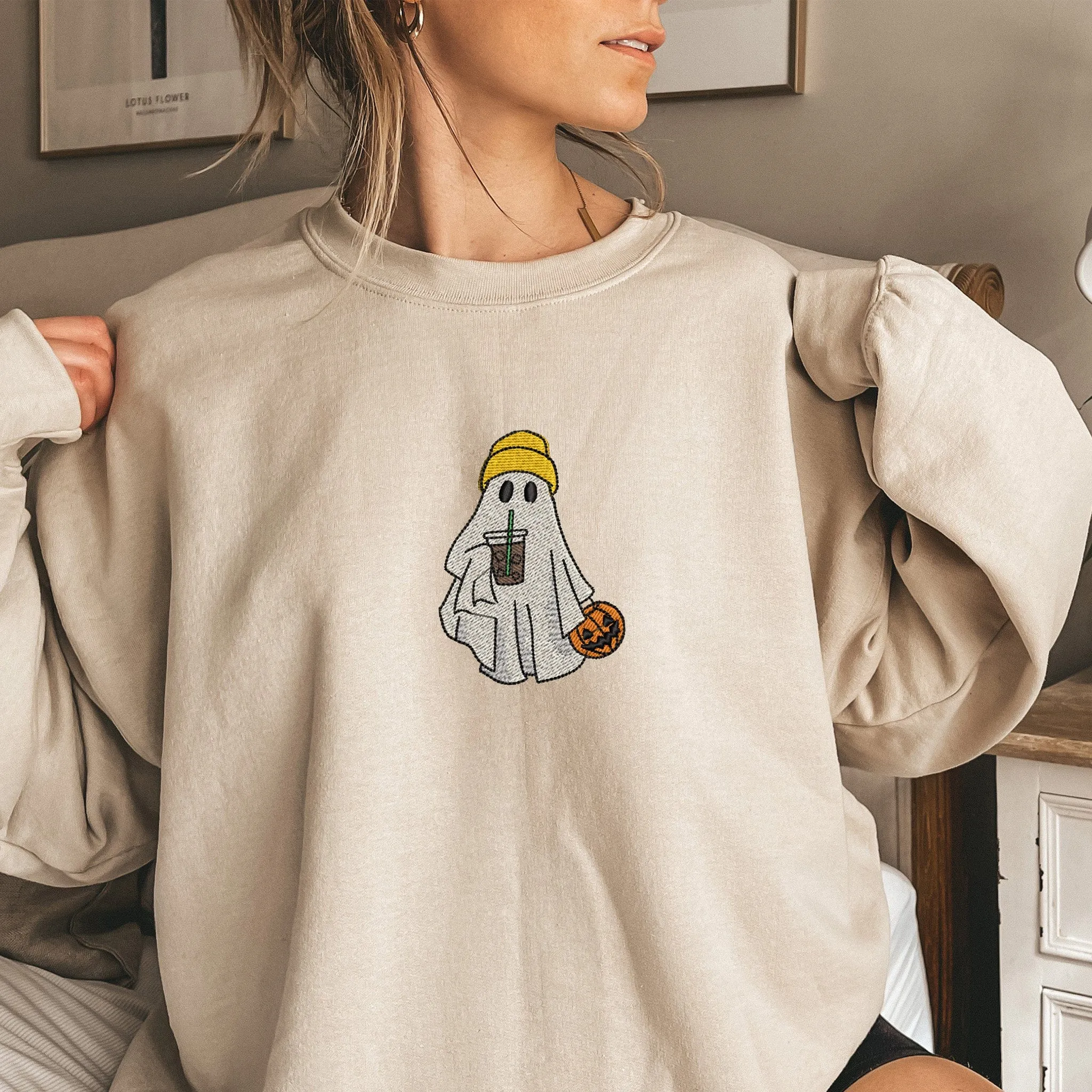 Spooky Sips: Embroidered Ghost Coffee Sweatshirt, ES0006