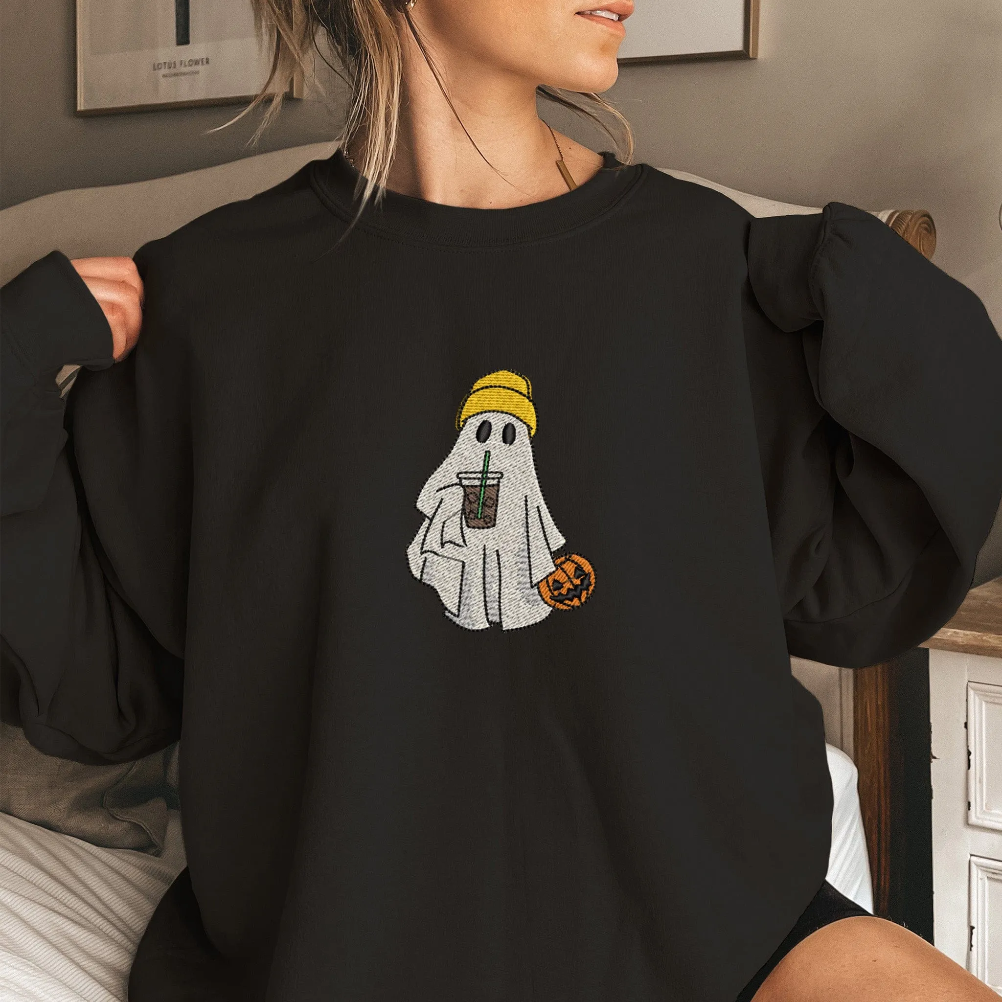 Spooky Sips: Embroidered Ghost Coffee Sweatshirt, ES0006