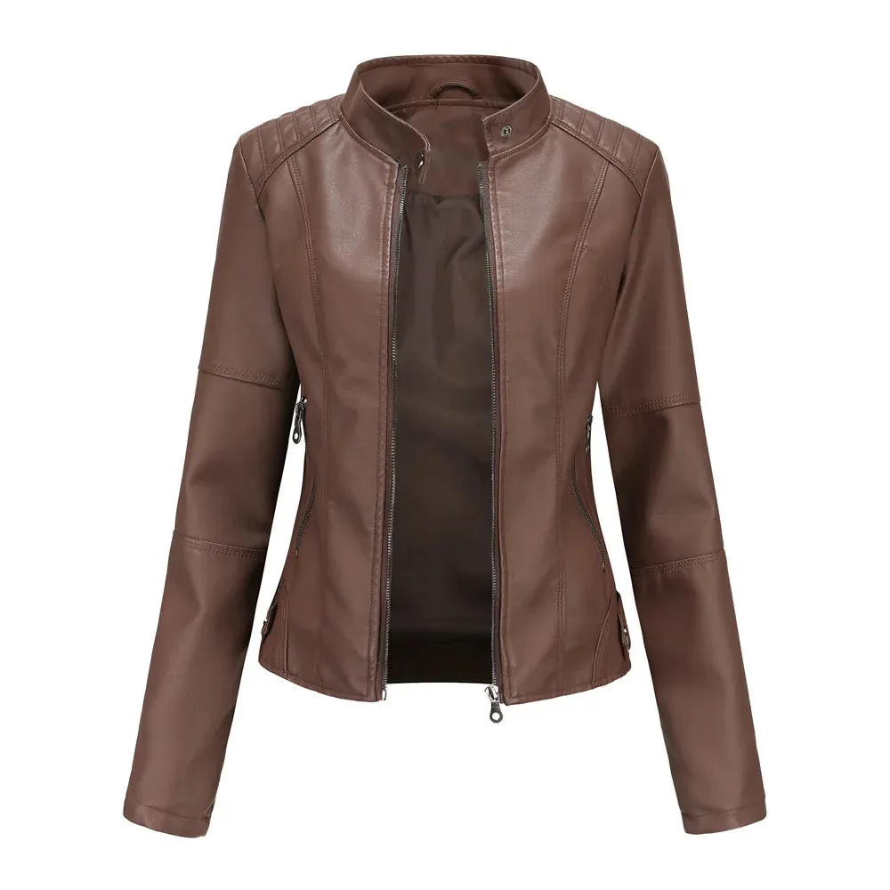 Spring / Autumn New Style Gules Leather Jacket Women's Fashionable Trim Motorcycle Women Coat Black Purple Brown S-4XL