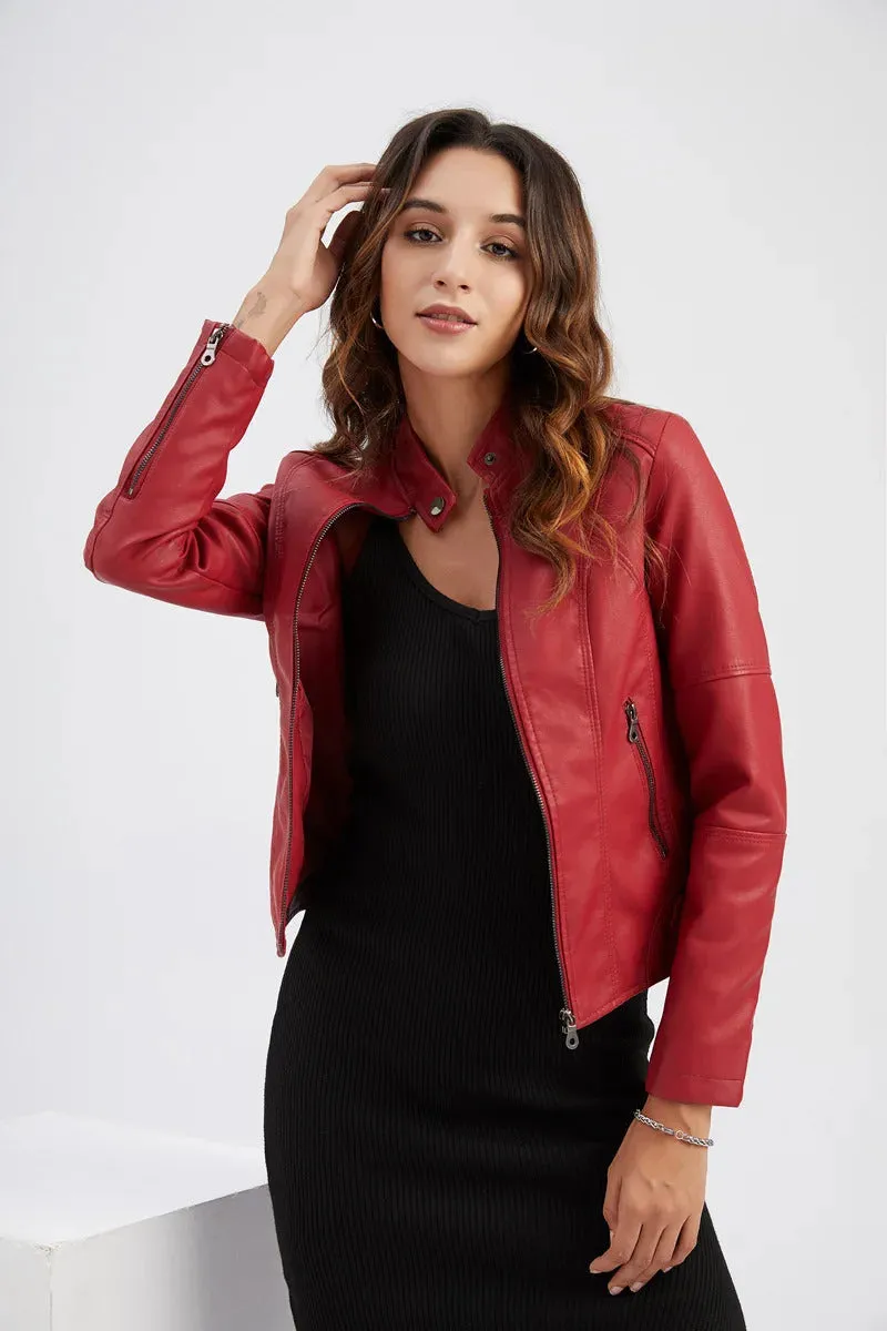 Spring / Autumn New Style Gules Leather Jacket Women's Fashionable Trim Motorcycle Women Coat Black Purple Brown S-4XL