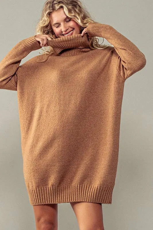 Teal Thick Turtleneck Loose Fit Knit Sweater Dress