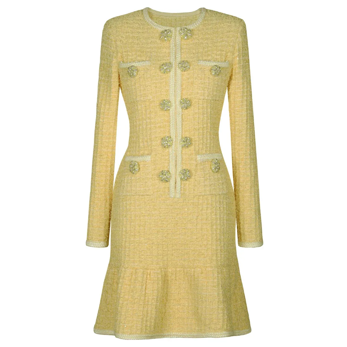Trend4us Women's Rhinestone Button Tweed Mini Dress