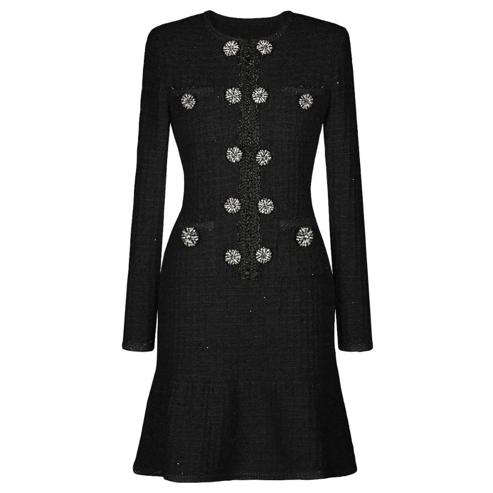 Trend4us Women's Rhinestone Button Tweed Mini Dress
