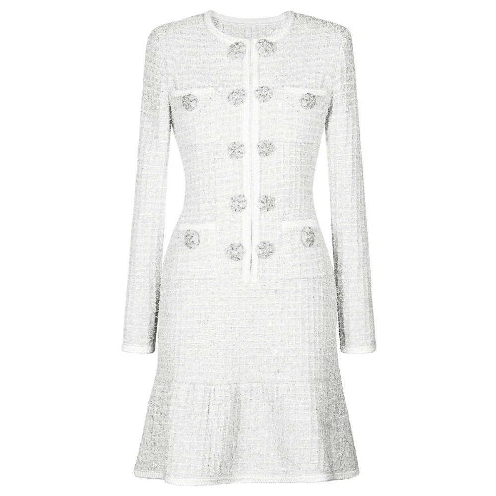 Trend4us Women's Rhinestone Button Tweed Mini Dress