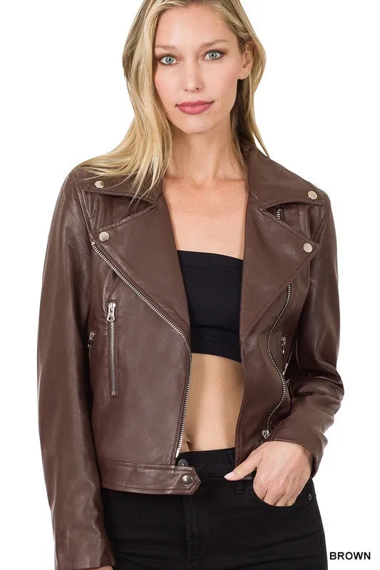 Vegan Leather Moto Jacket - Brown