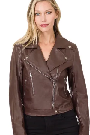 Vegan Leather Moto Jacket - Brown