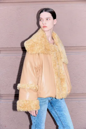 Vegan Leather Teddy Down Jacket - Camel