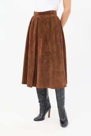 Vintage Brown Suede Pleated Midi Skirt