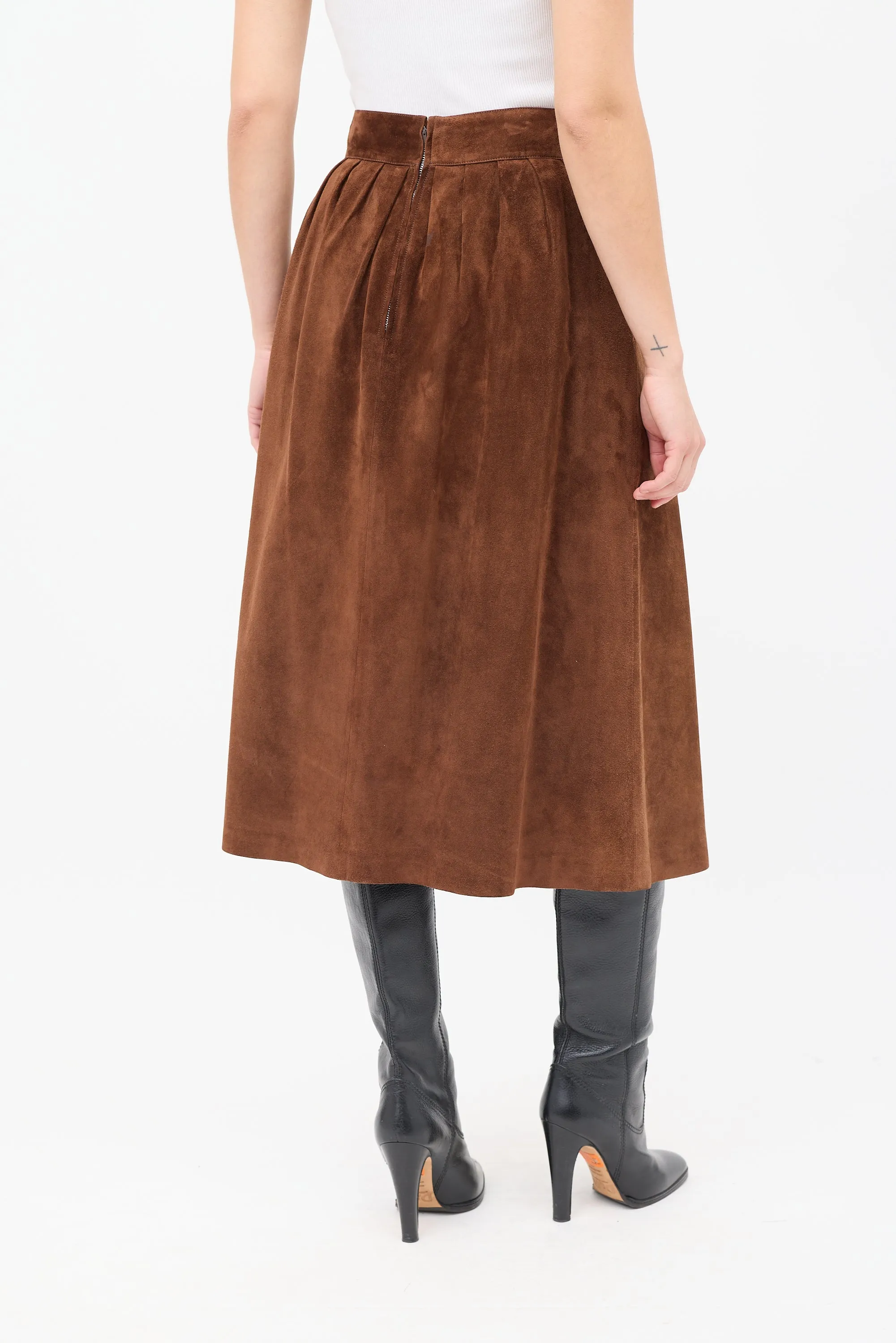 Vintage Brown Suede Pleated Midi Skirt