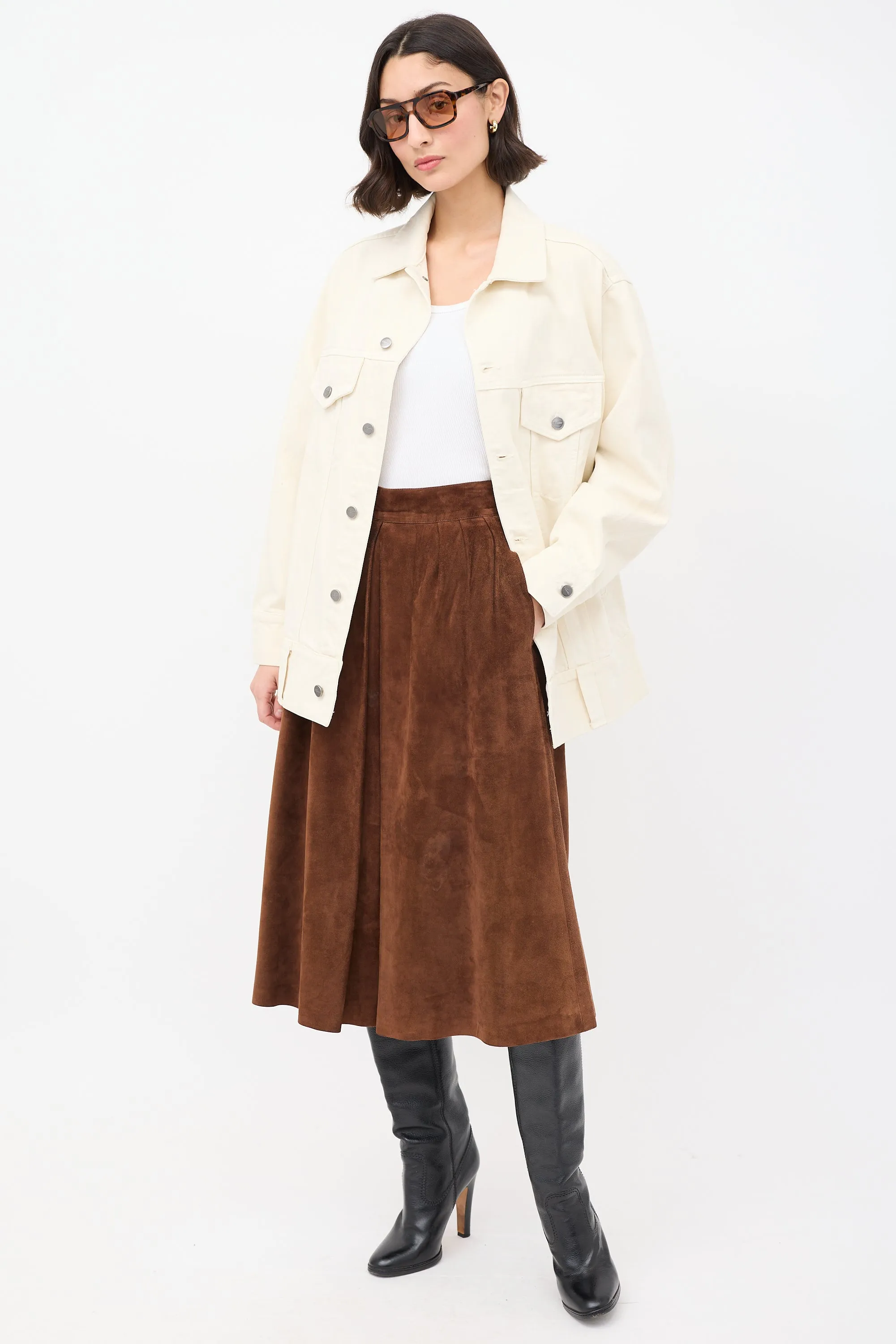 Vintage Brown Suede Pleated Midi Skirt